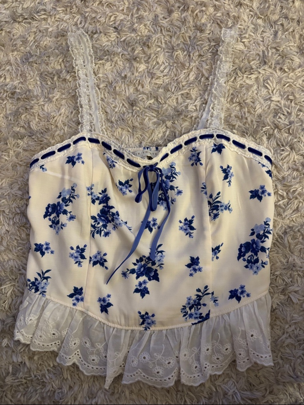 Blue Floral Lace-Trim Cami Top with Bow